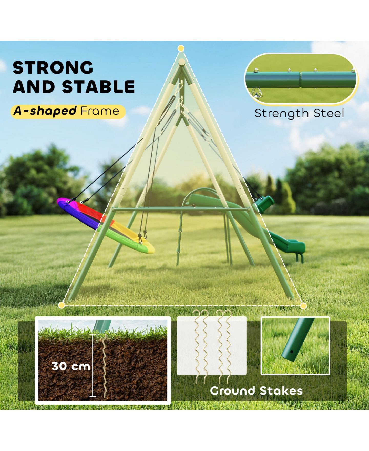 Детские игрушки Qaba Metal Swing Set with Slide, Heavy Duty Swing Set, цвет: Тёмный зелёный — фото 6