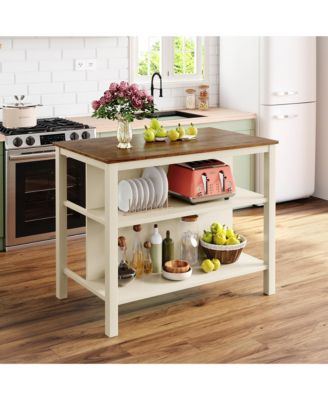 3-Piece Stationary Kitchen Island Set with Butcher Block and Seating