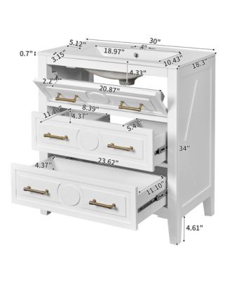 30" Freestanding Vanity With Ceramic Sink Combo and 3 Drawers, Solid Wood Frame