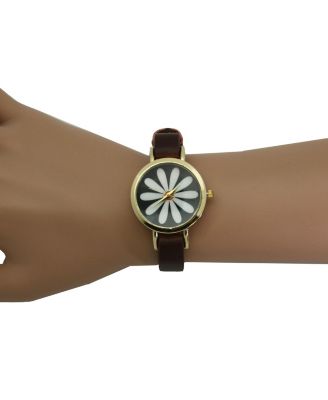 Dark Brown Large Flower Face Skinny Leather Strap Watch