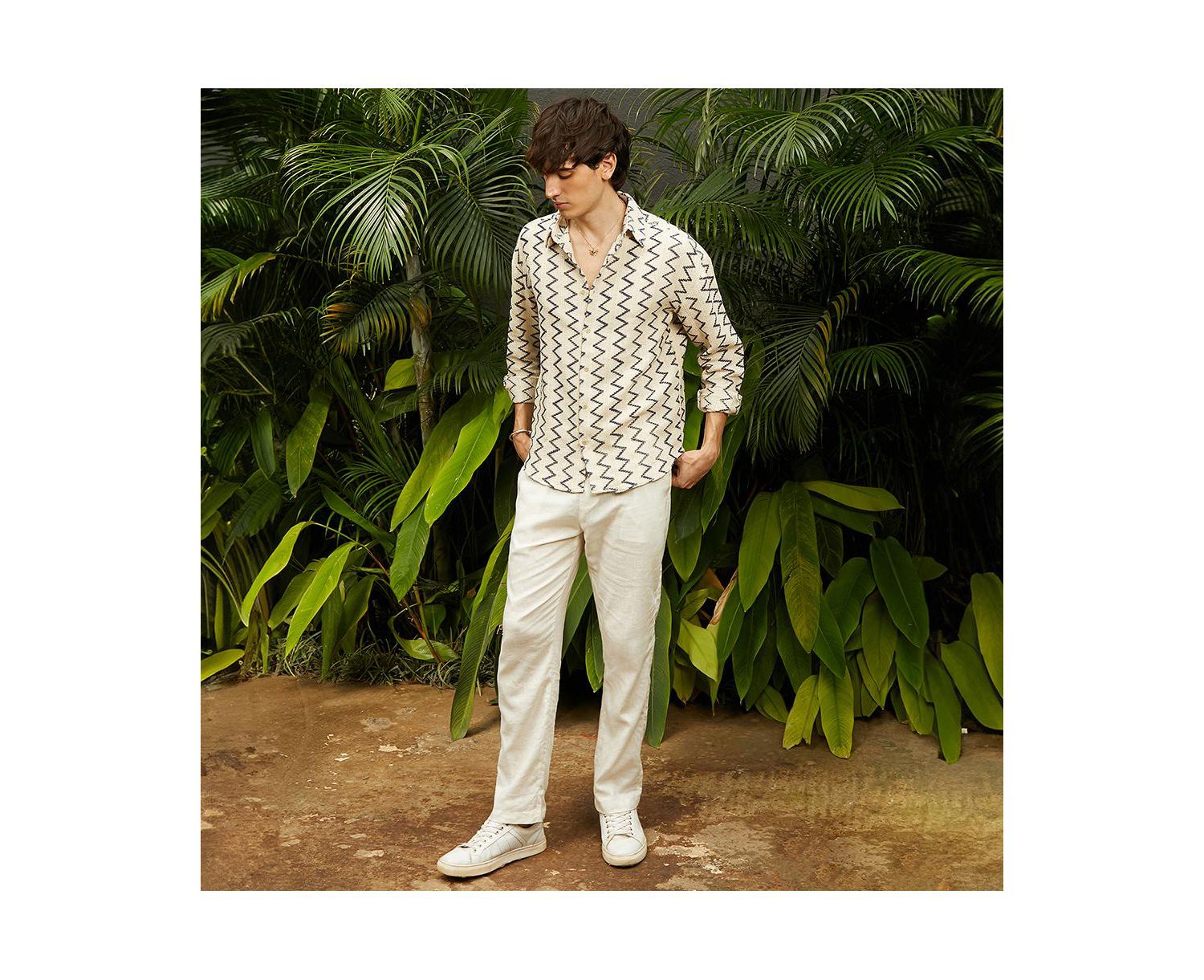 Men's Cream White Zig-Zag Knit Shirt