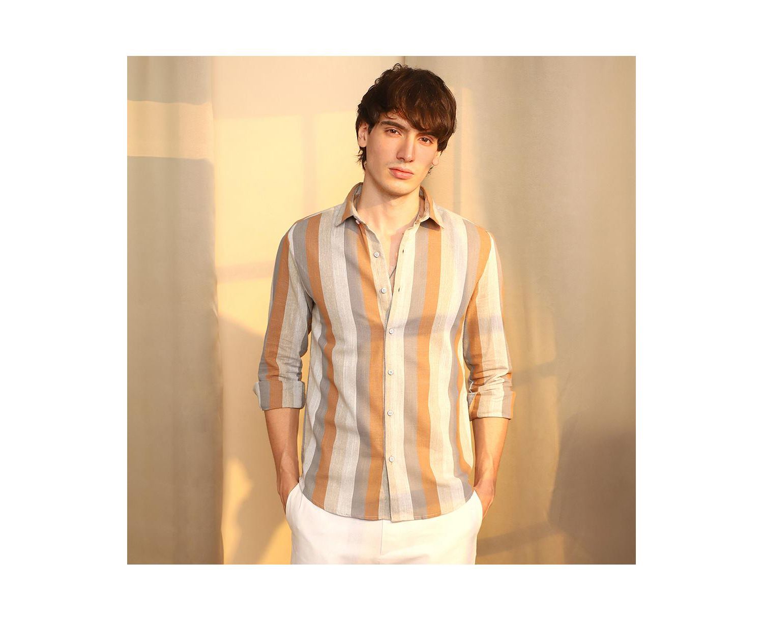 Men's Copper Brown & Peanut Brown Block-Striped Shirt