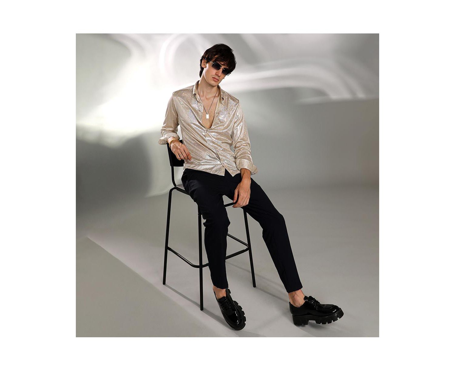 Men's Metallic Beige Sheen Chevron Shirt