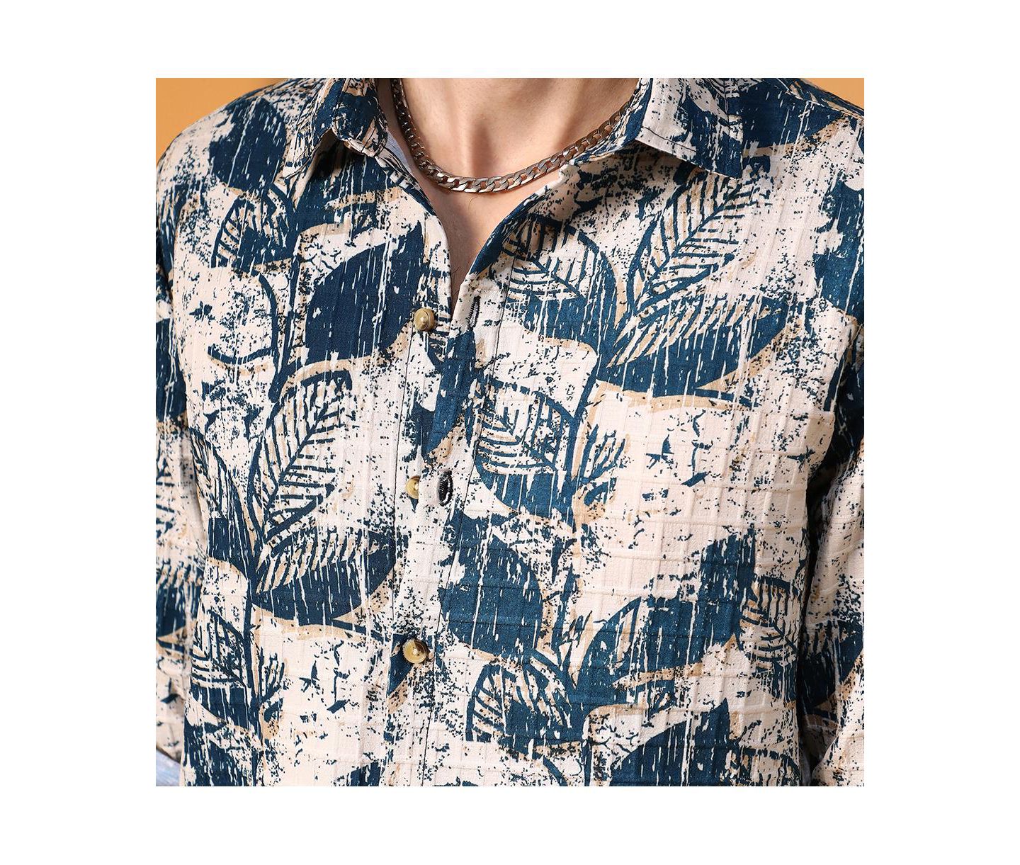 Мужская рубашка Cahoot Campus Sutra Ivory White & Indigo Blue Foliage-Waffle, цвет: Синий — фото 8
