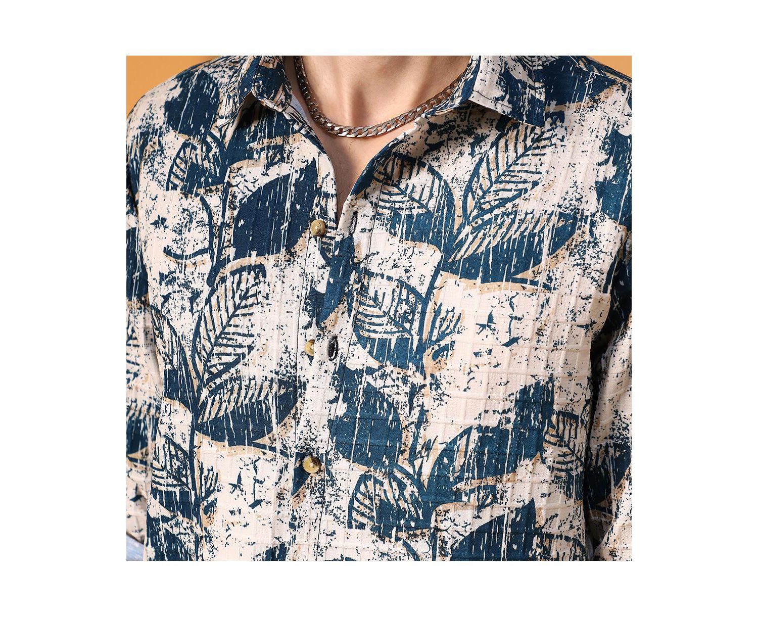 Men's Ivory White & Indigo Blue Foliage-Waffle Shirt