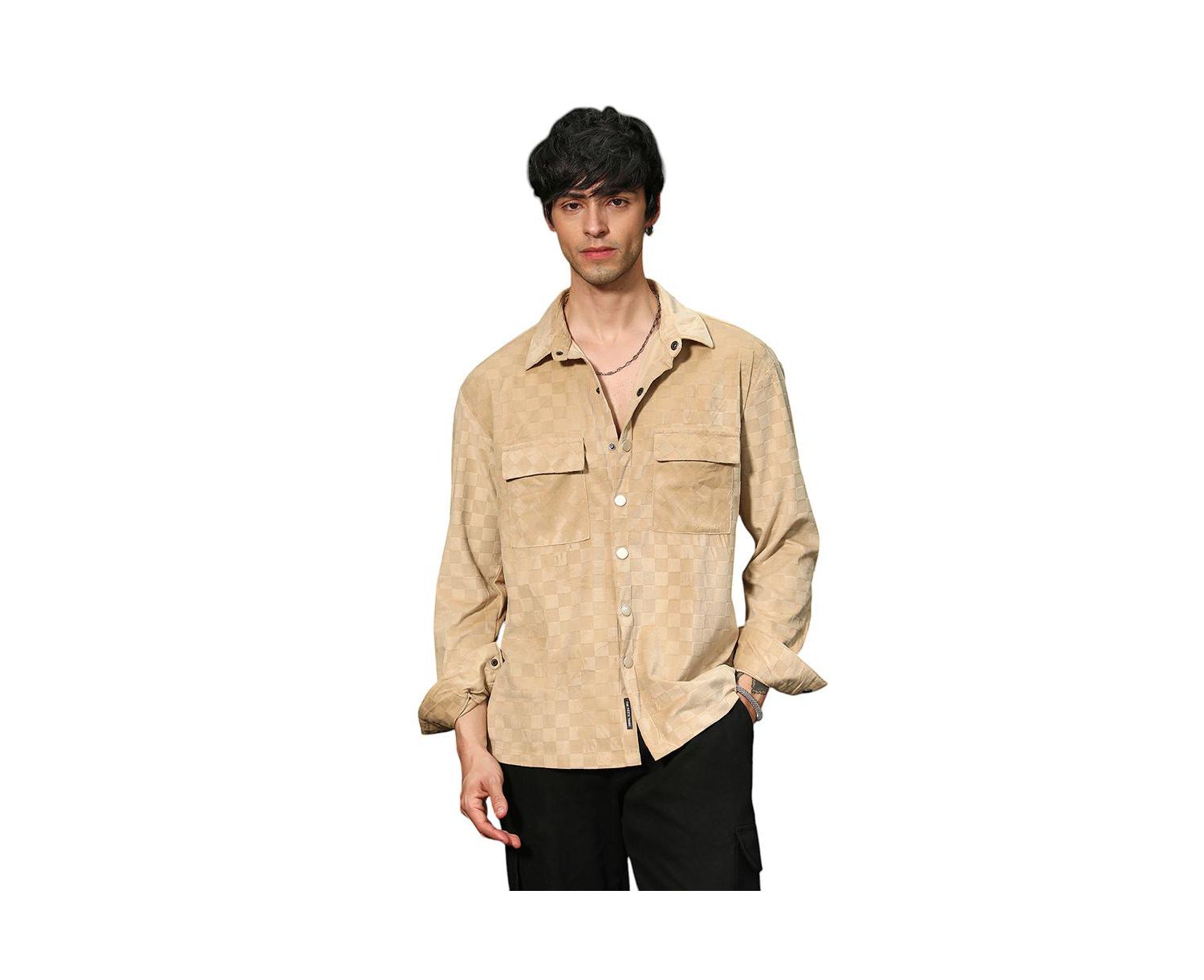 Men's Buff Beige Cubic Velvet Utility Shacket