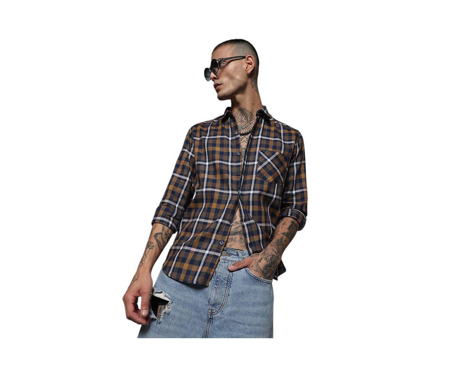 Men's Cobalt Blue & Mustard Yellow Tartan Plaid Shirt