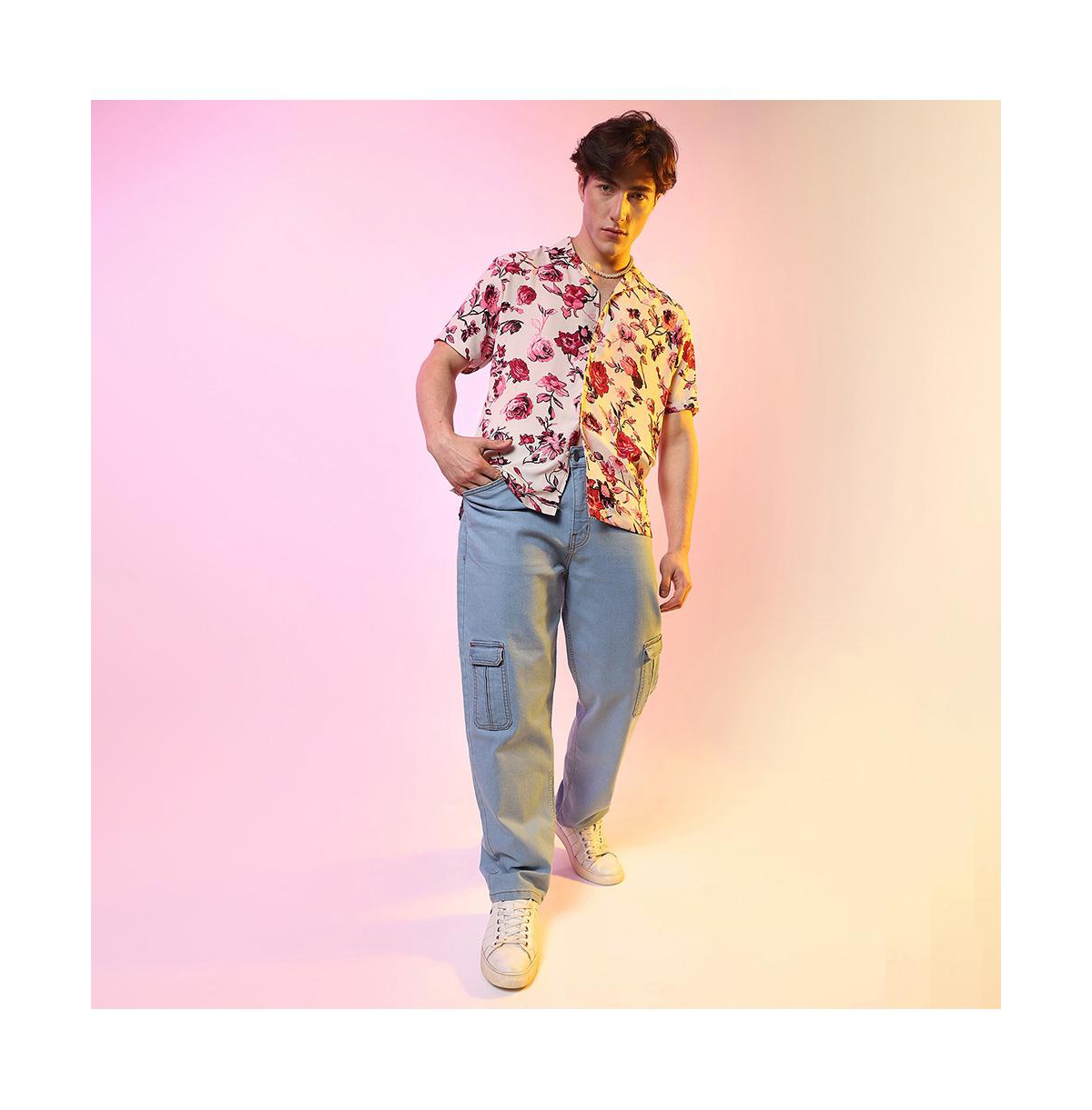 Campus Sutra Men's Vermillion Red & Ivory White Rose Shirt