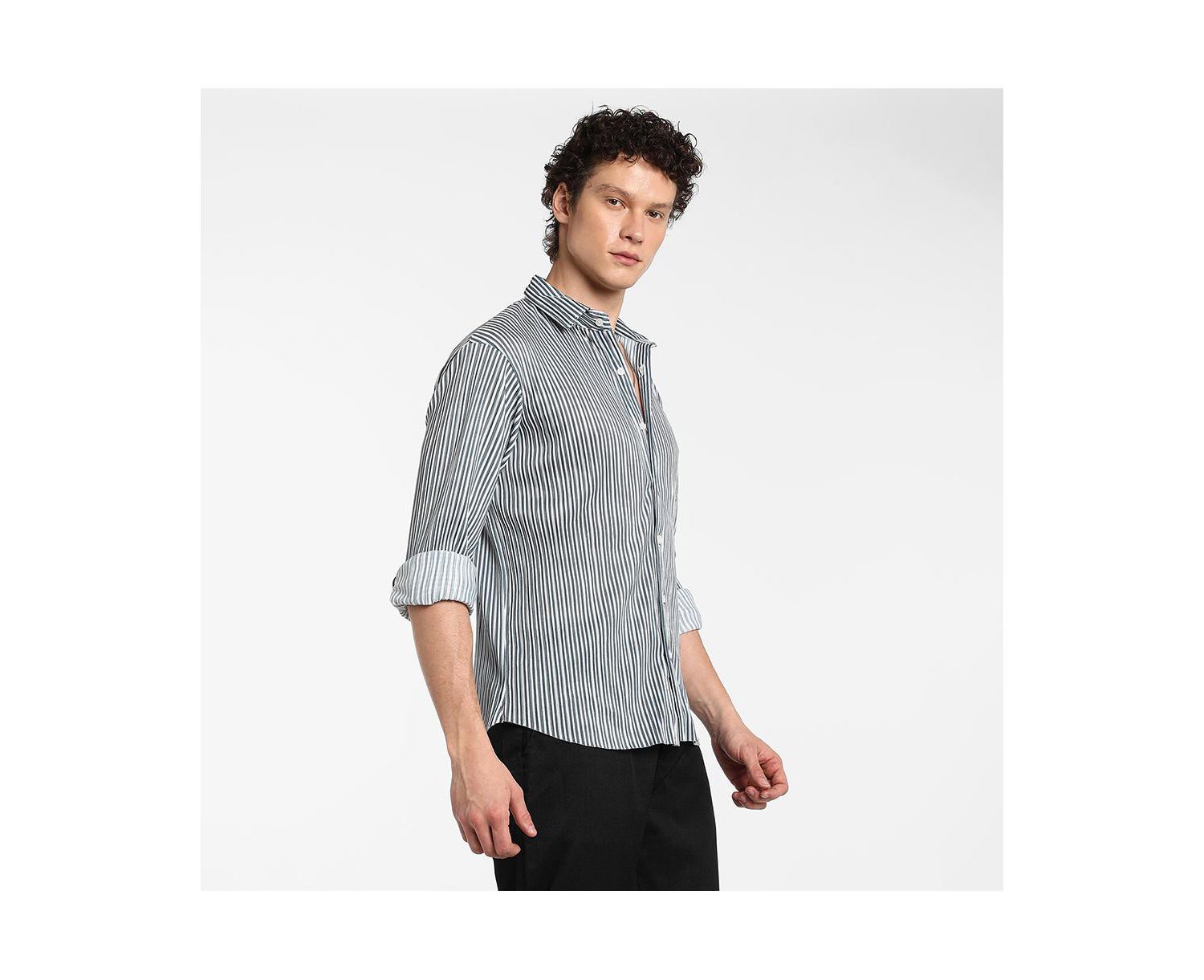 Men's Midnight Black and Powder White Pleat-Creased Shirt