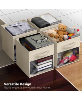 11 Inch 6 Pack Collapsible Fabric Storage Bins with Clear Window - for Organizing Clothes, Toys, Books, Shelves, Closets 10.5”x 10.5”x 11”