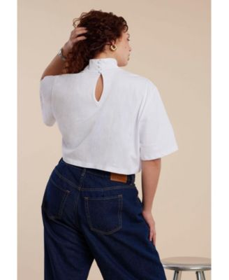 Women's Plus Size Shirred Mockneck Top With Sheer Sleeve