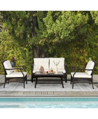 8PCS Rattan Patio Conversation Furniture Set Wicker Sofa Set w/ Waterproof Cover