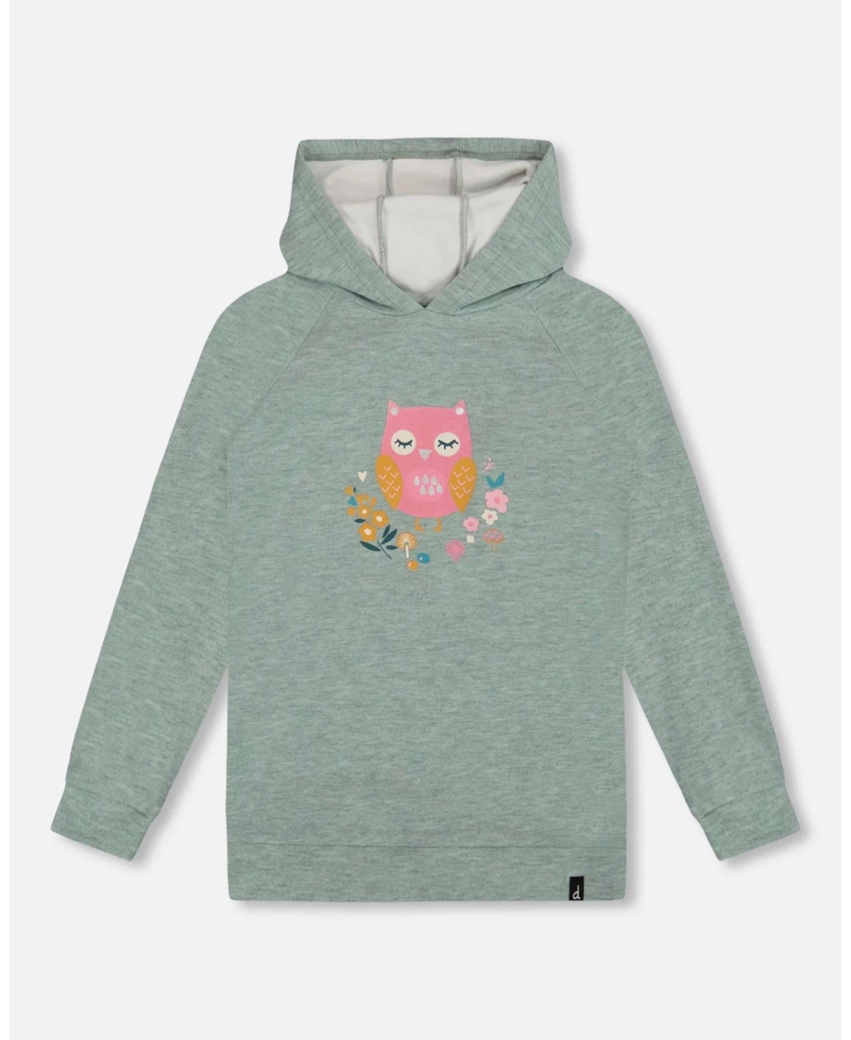 Deux par Girl Hooded Tunic Sage Green with Owl Print