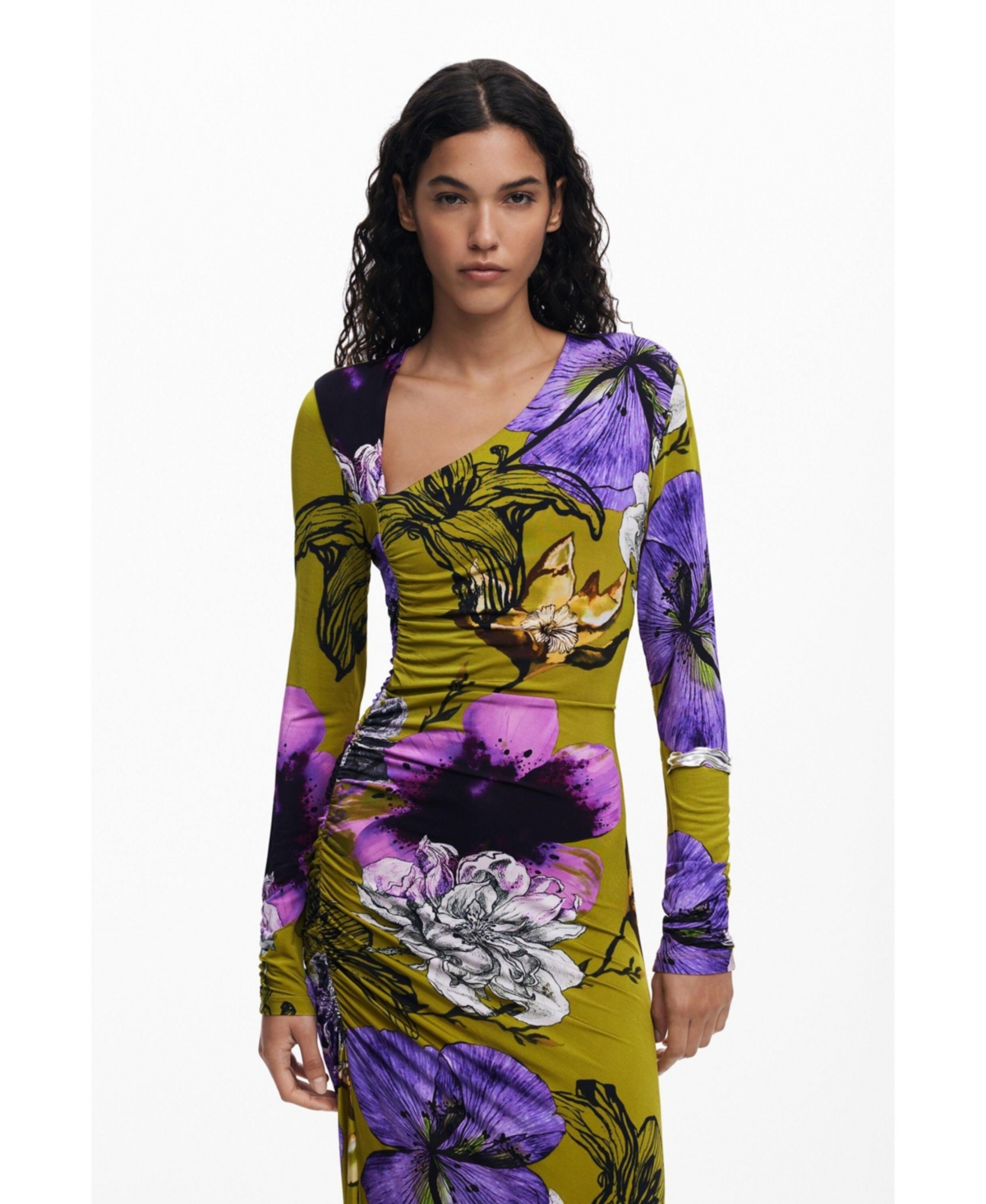 Desigual Floral Print Long Sleeve Midi Dress In Green