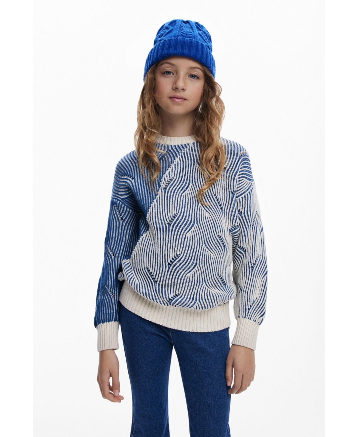Desigual Girls's Textured Striped Sweater In Blue
