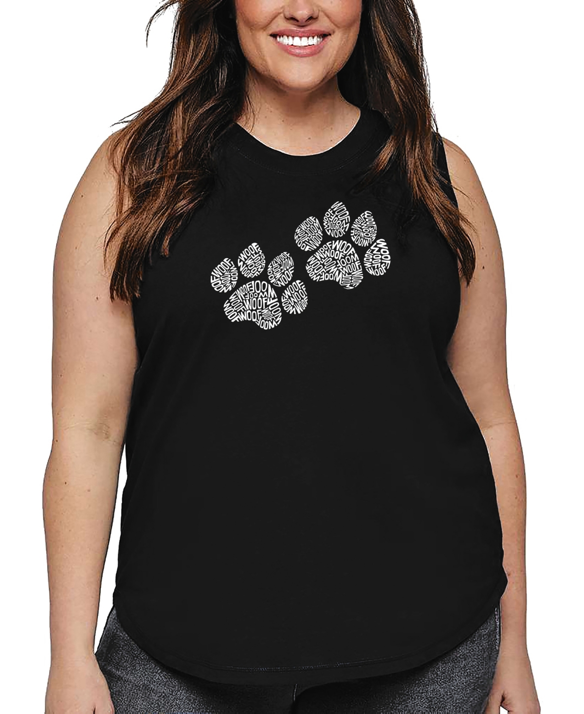 La Pop Art Plus Size Woof Paw Prints Word Art Tank Top In Black
