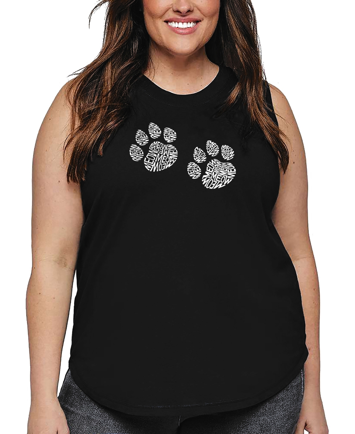 La Pop Art Plus Size Meow Cat Prints Word Art Tank Top In Black