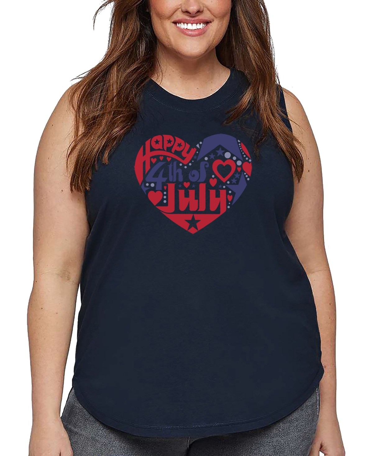 La Pop Art Plus Size July 4th Heart Word Art Tank Top In Blue