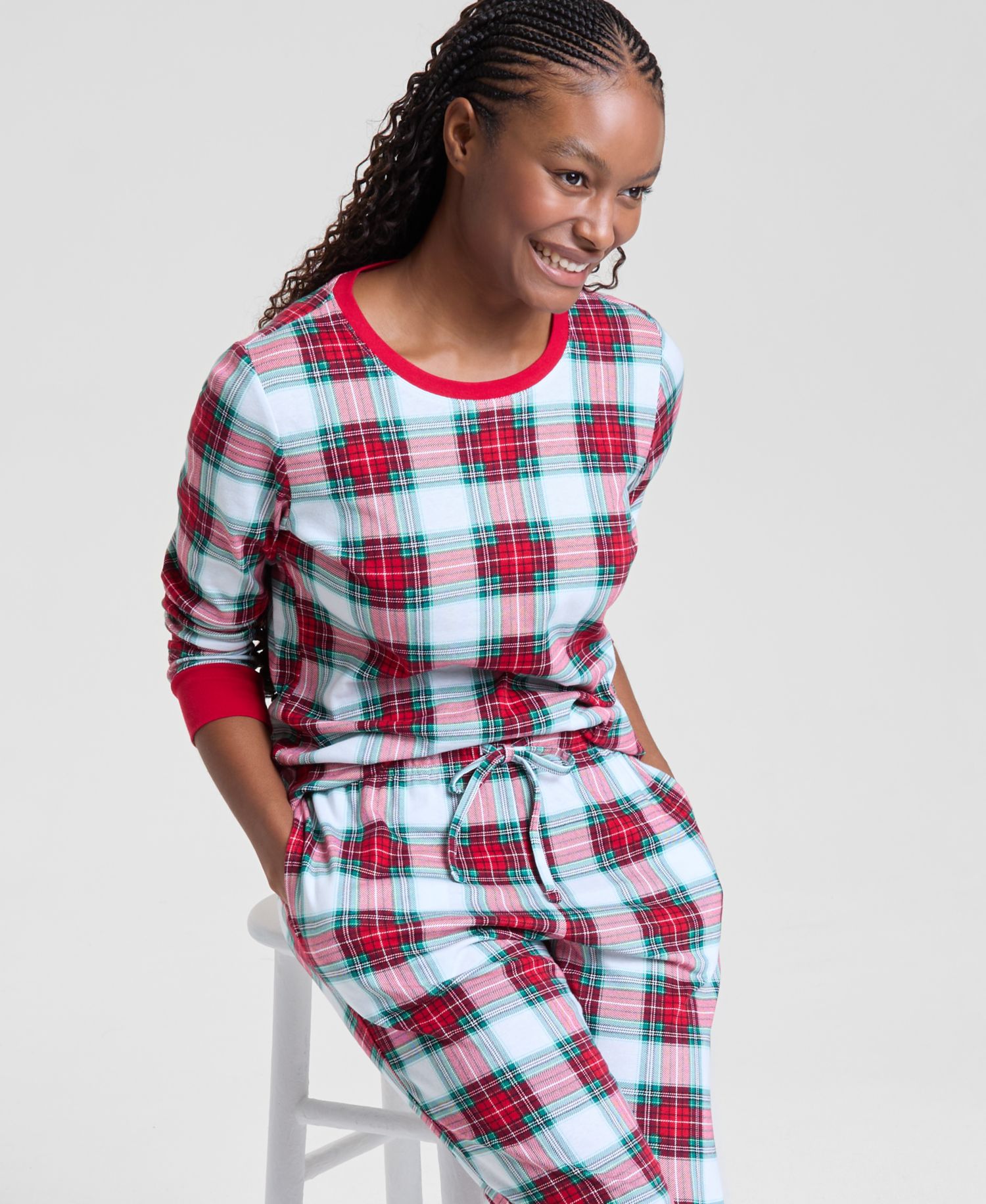Women's Merry Plaid Crew Neck Matching Family Pajamas Set