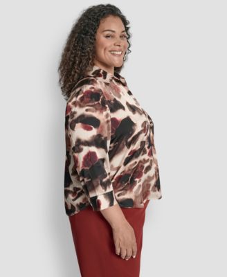 Plus Size Printed Pleat-Front 3/4-Sleeve Blouse
