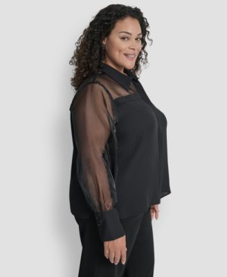 Plus Size Collared Mixed-Media Illusion Blouse