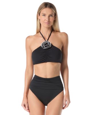 Kate Spade Womens Rosette High Neck Bra Top Ruched High Waist Bikini Bottoms In White