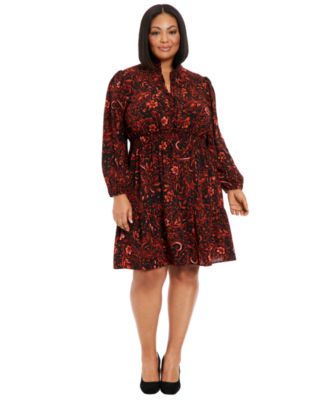 London Times - Plus Size Long-Sleeve Printed Chiffon Dress