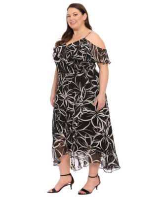 London Times - Plus Size Printed Cold-Shoulder Ruffle Dress