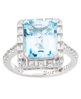 Suzy Levian Sterling Silver Emerald Cut Topaz Halo Ring