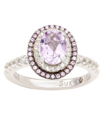 Suzy Levian Sterling Silver Oval Cut Topaz and Sapphire Double Halo Ring