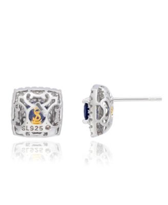 Suzy Levian Sterling Silver Square Cut Sapphire & Created White Sapphire Double Halo Stud Earrings