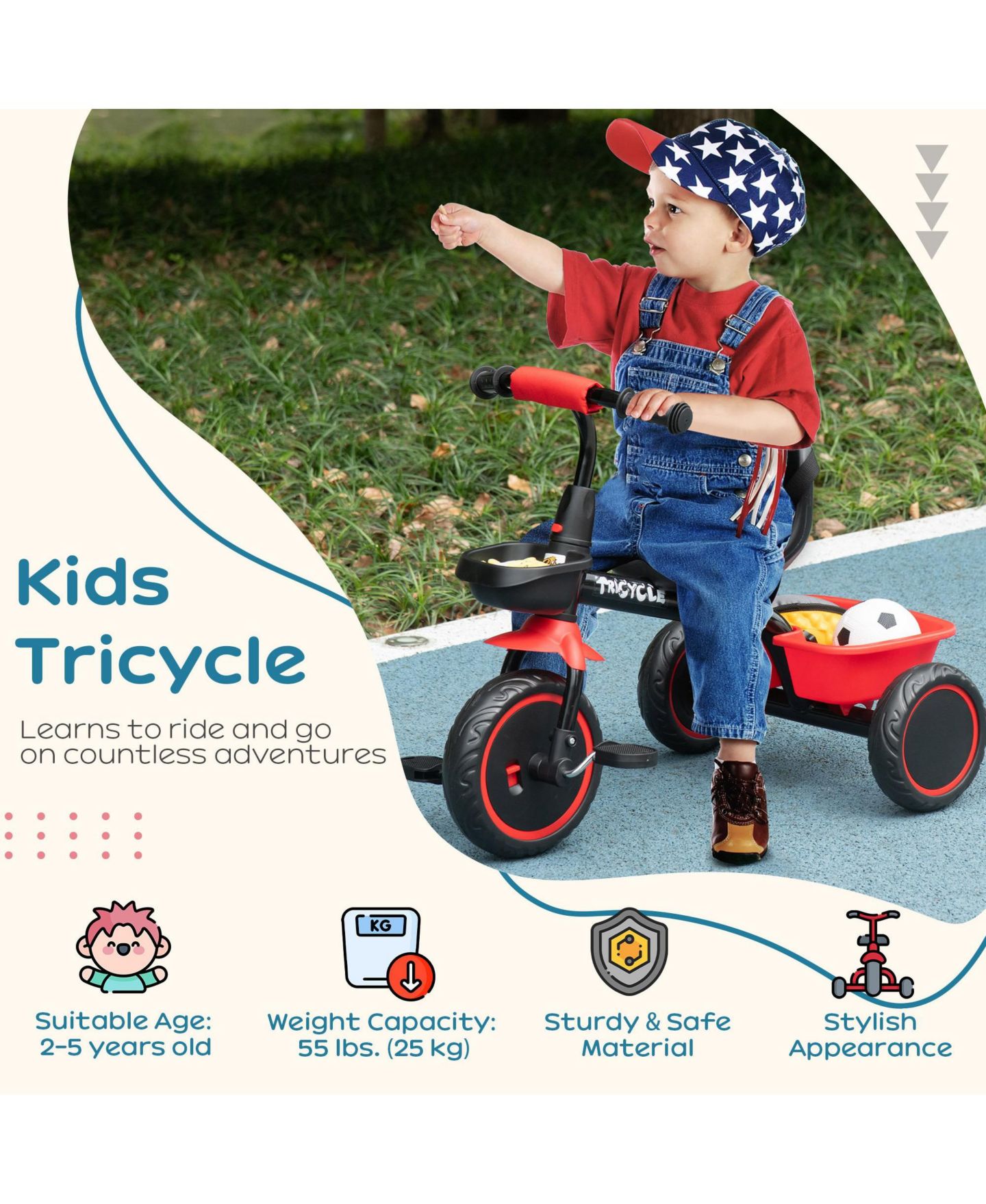 Детская игрушка Qaba Kids' Tricycle with Adjustable Seat and Baskets, 55 lbs Capacity, Ages 2–5, цвет: Красный — фото 4