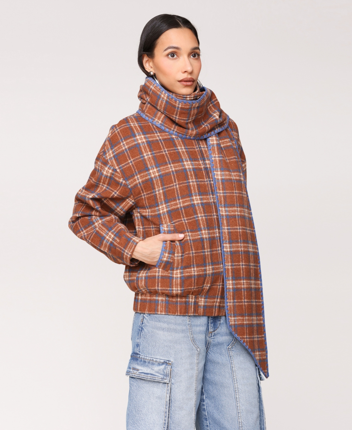 Avec Les Filles Women's Scarf Bomber Jacket In Brown