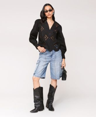 Women's Puff Sleeve Cropped Lace Scallop Button Up Blouse