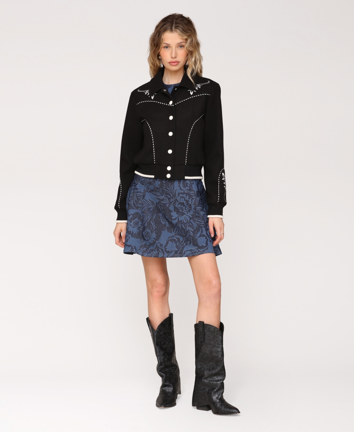 Avec Les Filles Embroidered Faux Suede Western Bomber Jacket In Black