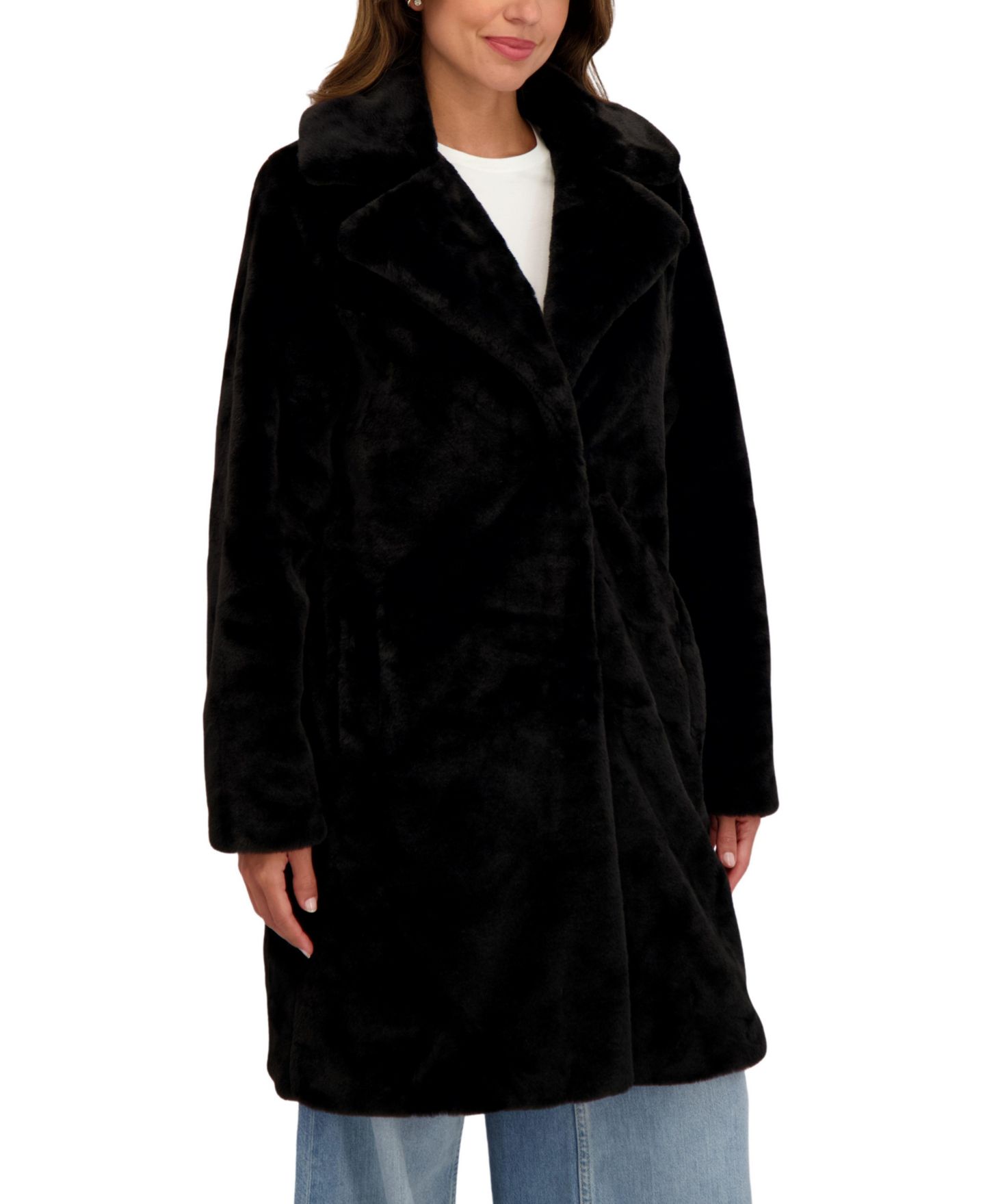 Женское пальто Sebby Collection Faux Fur Notch Collar 3/4 Coat, цвет: Чёрный — фото 2