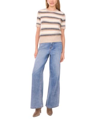 Women's Multi Color Stripe Short Sleeve Crewneck Sweater