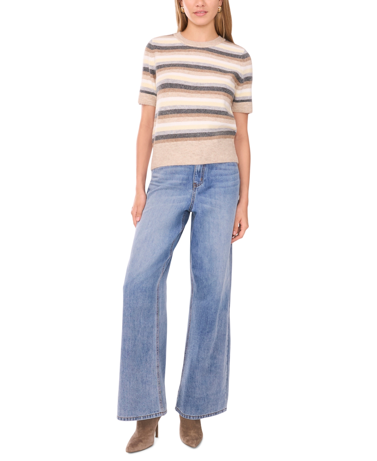 1.state Multicolor Stripe Short Sleeve Sweater In Brown