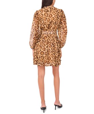 Petite Belted Animal Print Mock Neck Short Dress