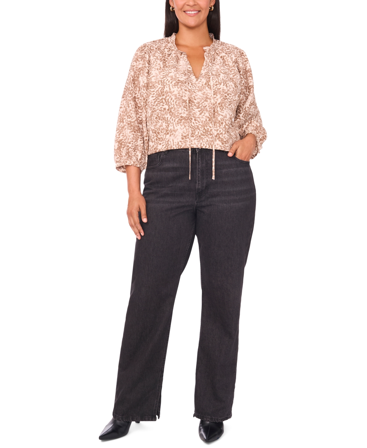 Vince Camuto Plus Size Peasant Split Neck Blouse In Neutral