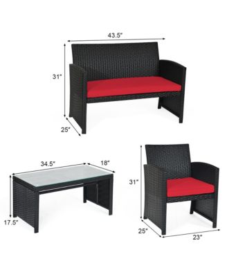 4PCS Rattan Outdoor Conversation Set Patio Furniture Set w/ Red Cushions