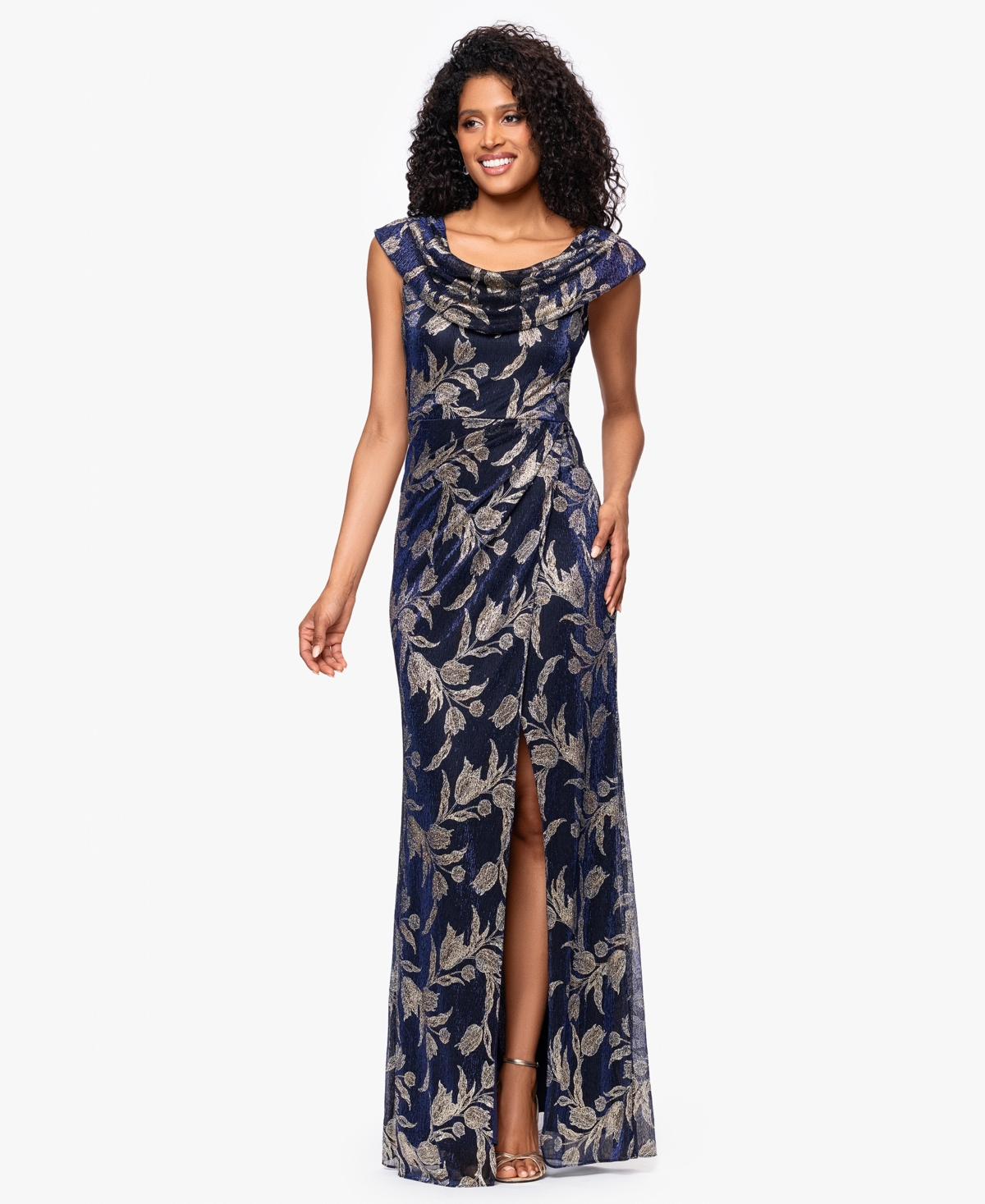 Betsy & Adam Women'sâ Long Foil Crinkle Cowl Neck Dress In Black
