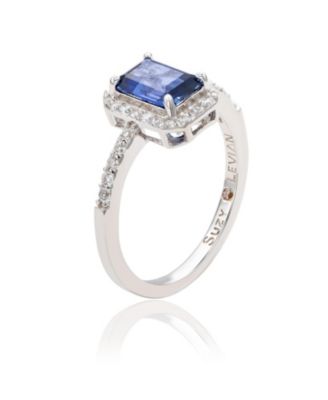 Suzy Levian Sterling Silver Emerald Cut Sapphire & Created White Sapphire Halo Ring