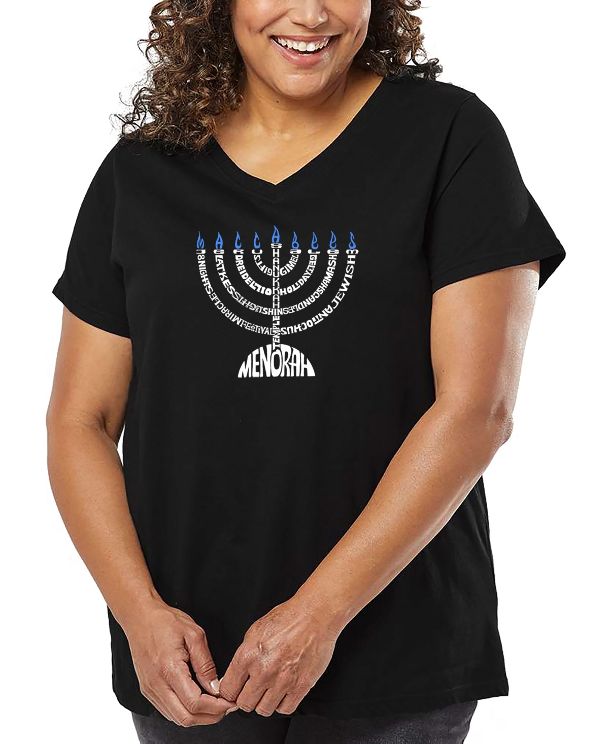 La Pop Art Plus Size Menorah Word Art V-neck T-shirt In Black