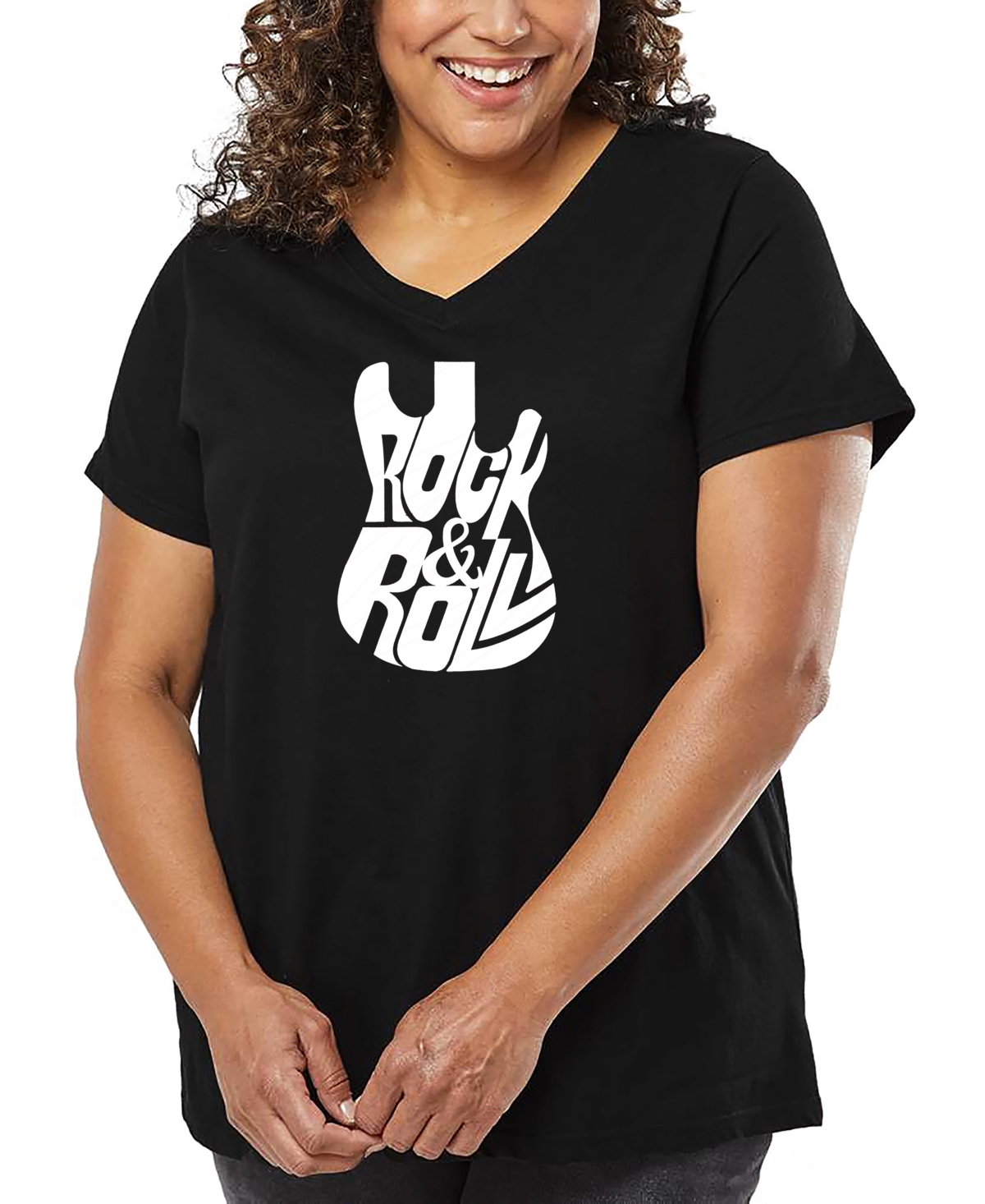 La Pop Art Plus Size Rock And Roll Guitar Word Art V-neck T-shirt In Black