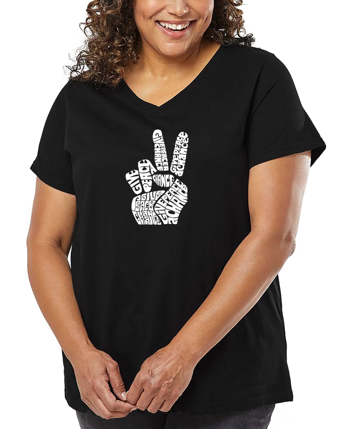 La Pop Art Plus Size Peace Fingers Word Art V-neck T-shirt In Black