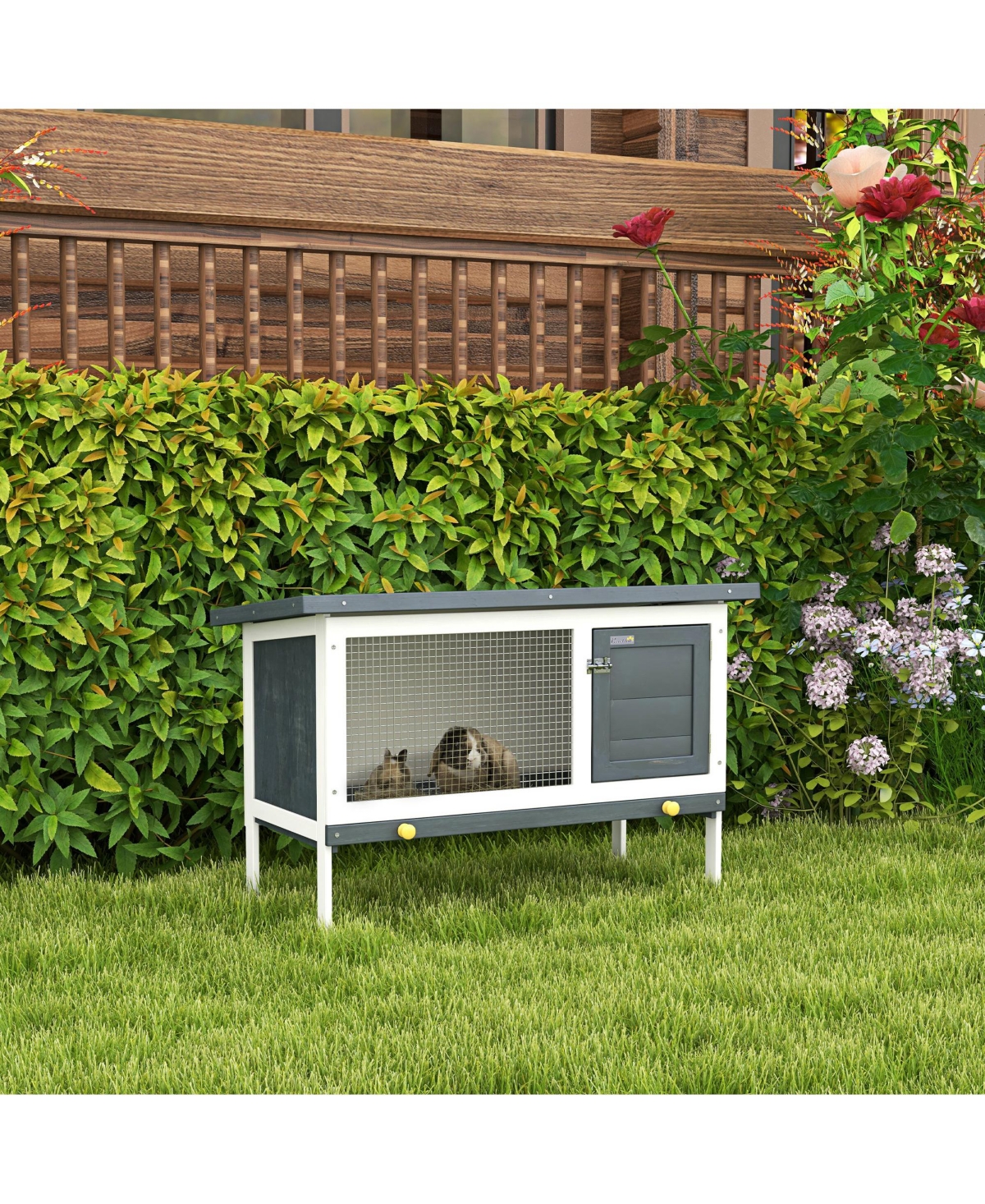 PawHut Fir Wood Rabbit Hutch W/ Slide-Out Tray and Openable Roof,