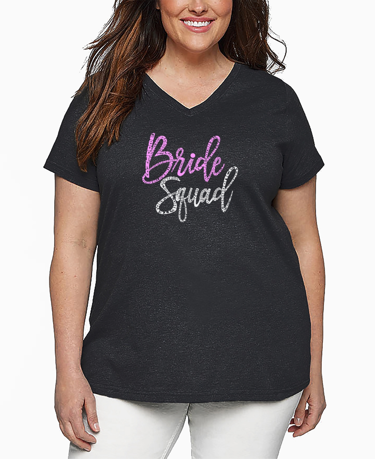 La Pop Art Plus Size Bride Squad Word Art V-neck T-shirt In Gray