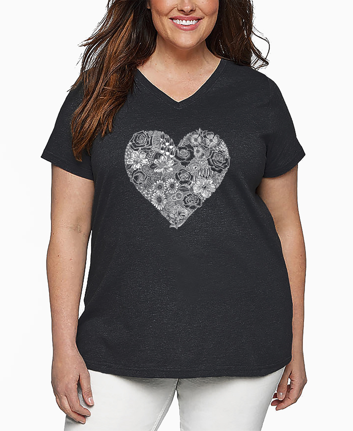 La Pop Art Plus Size Heart Flowers Word Art V-neck T-shirt In Gray