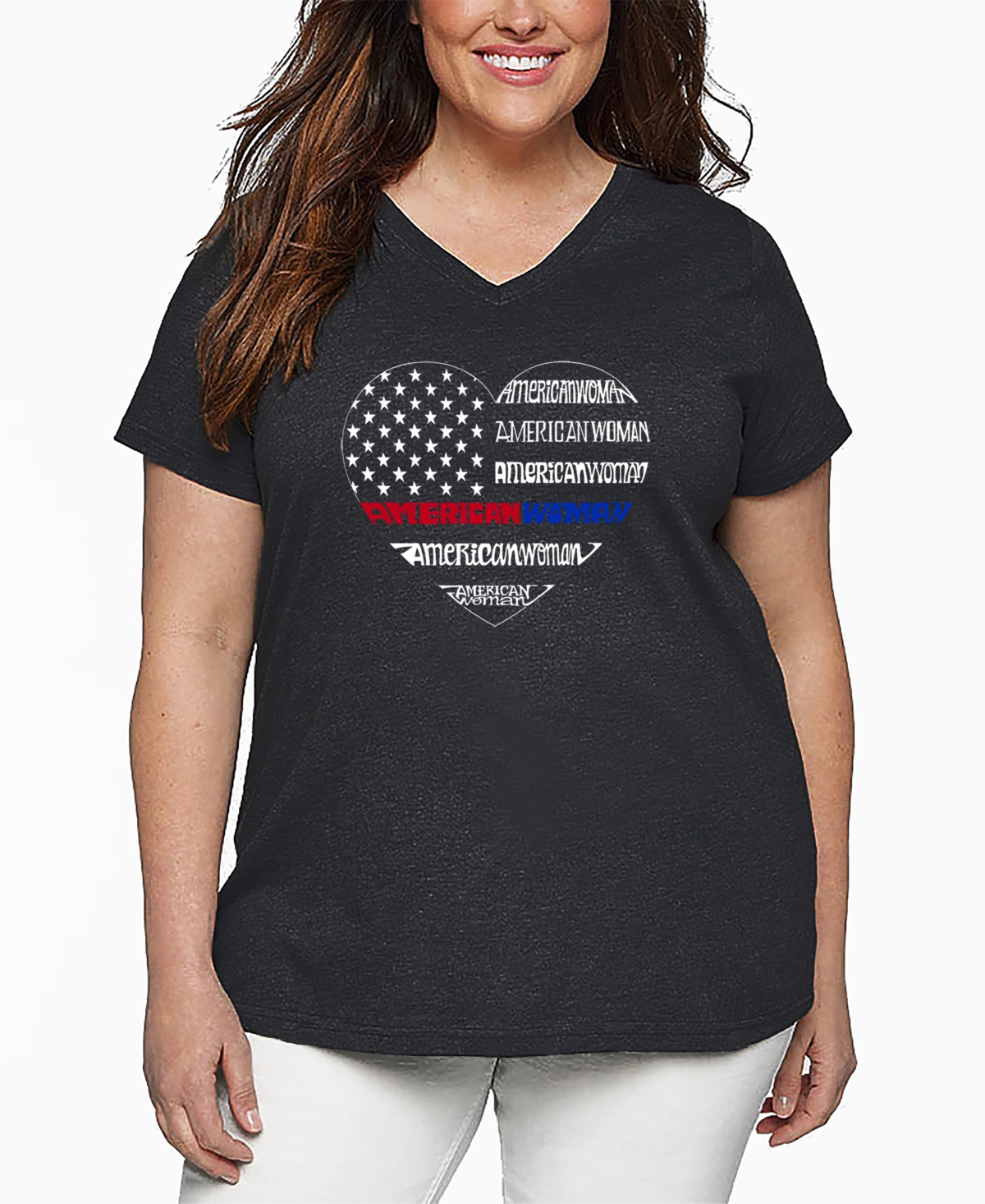 La Pop Art Plus Size American Woman Word Art V-neck T-shirt In Gray